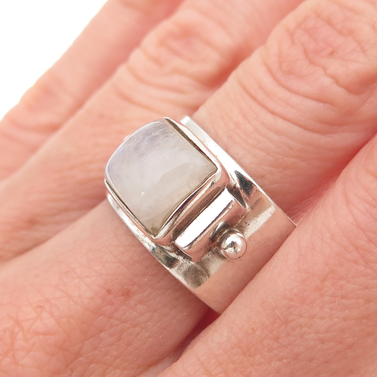 925 Sterling Silver Vintage Real Moonstone Modernist Oxidized Ring Size 9.25