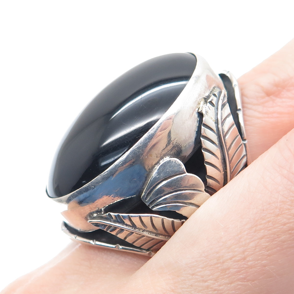 925 Sterling Silver Vintage Mexico Black Onyx Feather Adjustable Ring Size 11.25