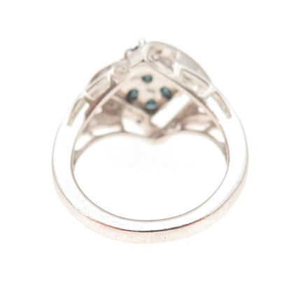 Sun 925 Sterling Silver Real Round-Cut Blue & White Diamond Ring Size 7