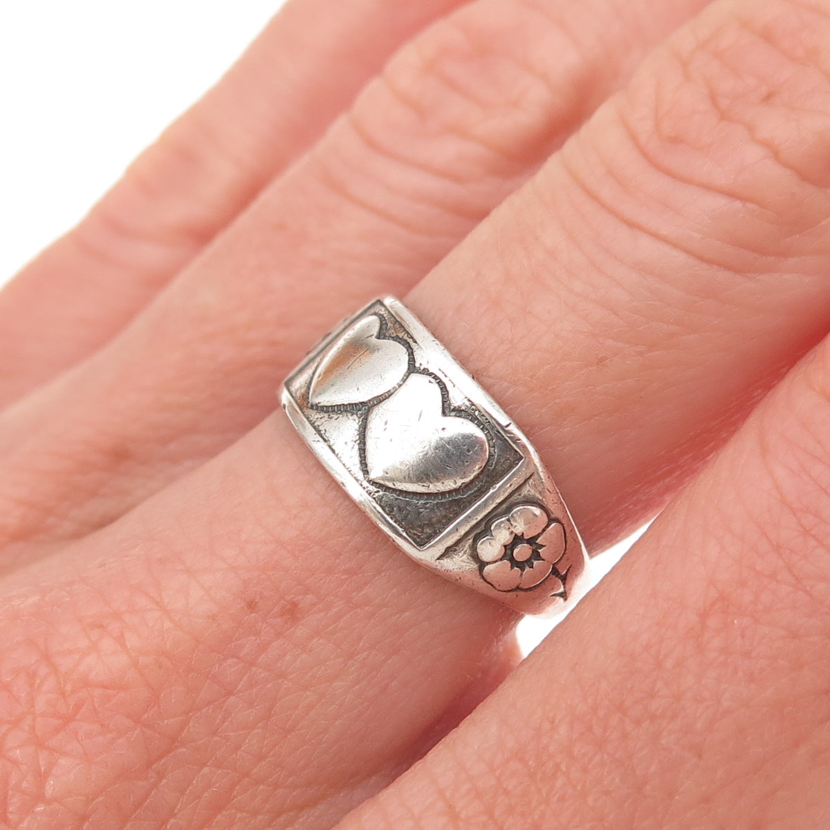 Beau 925 Sterling Antique Art Deco Couple Heart Floral Adjustable Ring Size 6.5