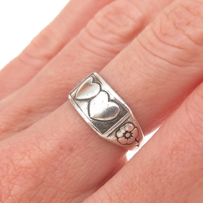 Beau 925 Sterling Antique Art Deco Couple Heart Floral Adjustable Ring Size 6.5