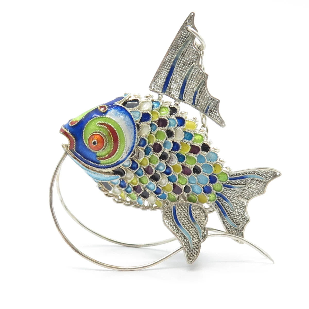 925 Sterling Silver Antique Enamel Chinese Koi Fish Articulated Chatelaine Fob