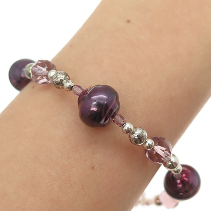 925 Sterling Silver Vintage Real Baroque Pearl & Crystal Beaded Bracelet 7.25"