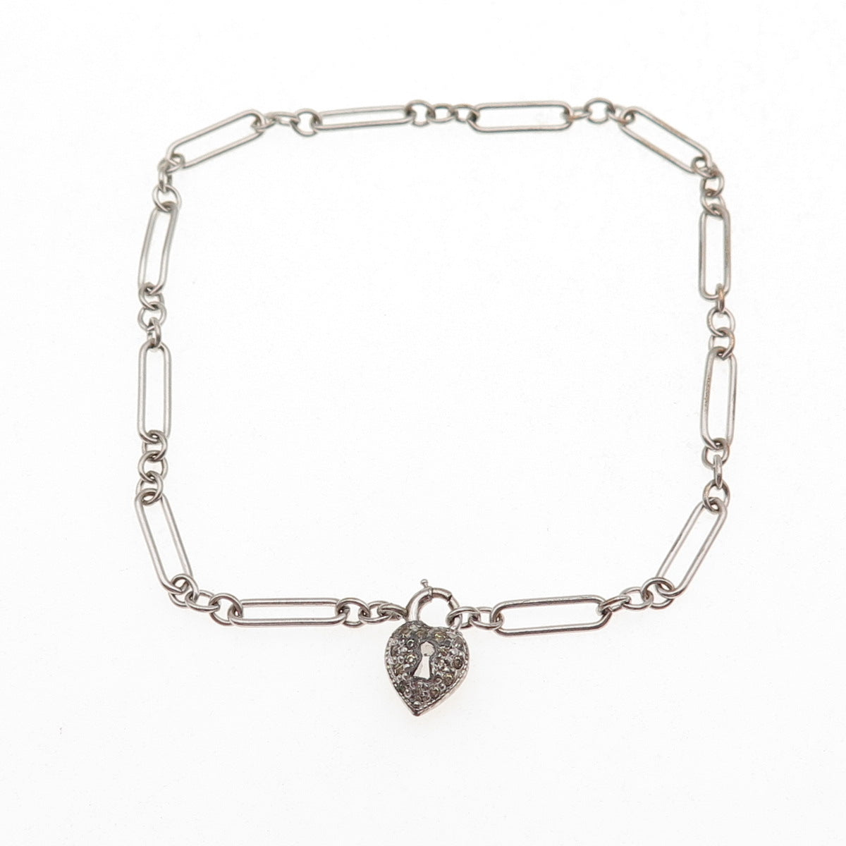 925 Sterling Silver Antique Rhinestone Heart Lock Paperclip Link Bracelet 7.25"