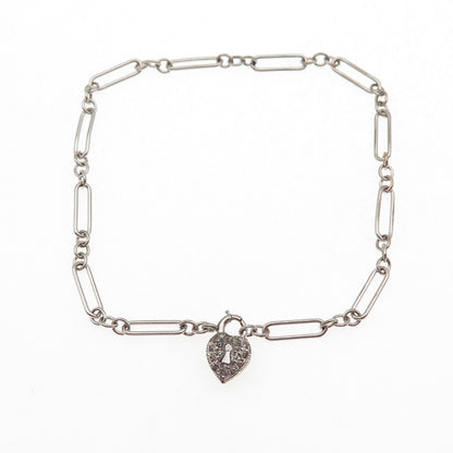 925 Sterling Silver Antique Rhinestone Heart Lock Paperclip Link Bracelet 7.25"