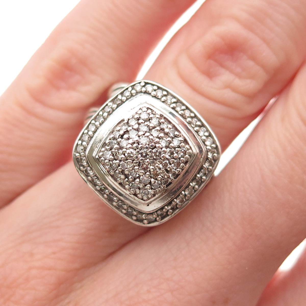 David Yurman 925 Sterling Silver Vintage Real Round-Cut Diamond Ring Size 4.25
