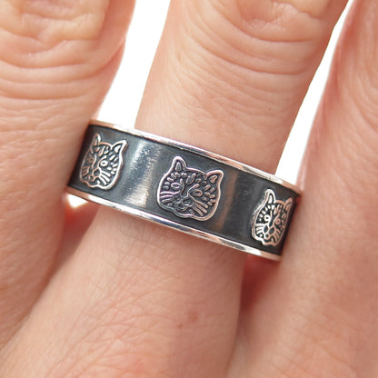 925 Sterling Silver Vintage Mexico Cat All Around Oxidized Band Ring Size 12.25