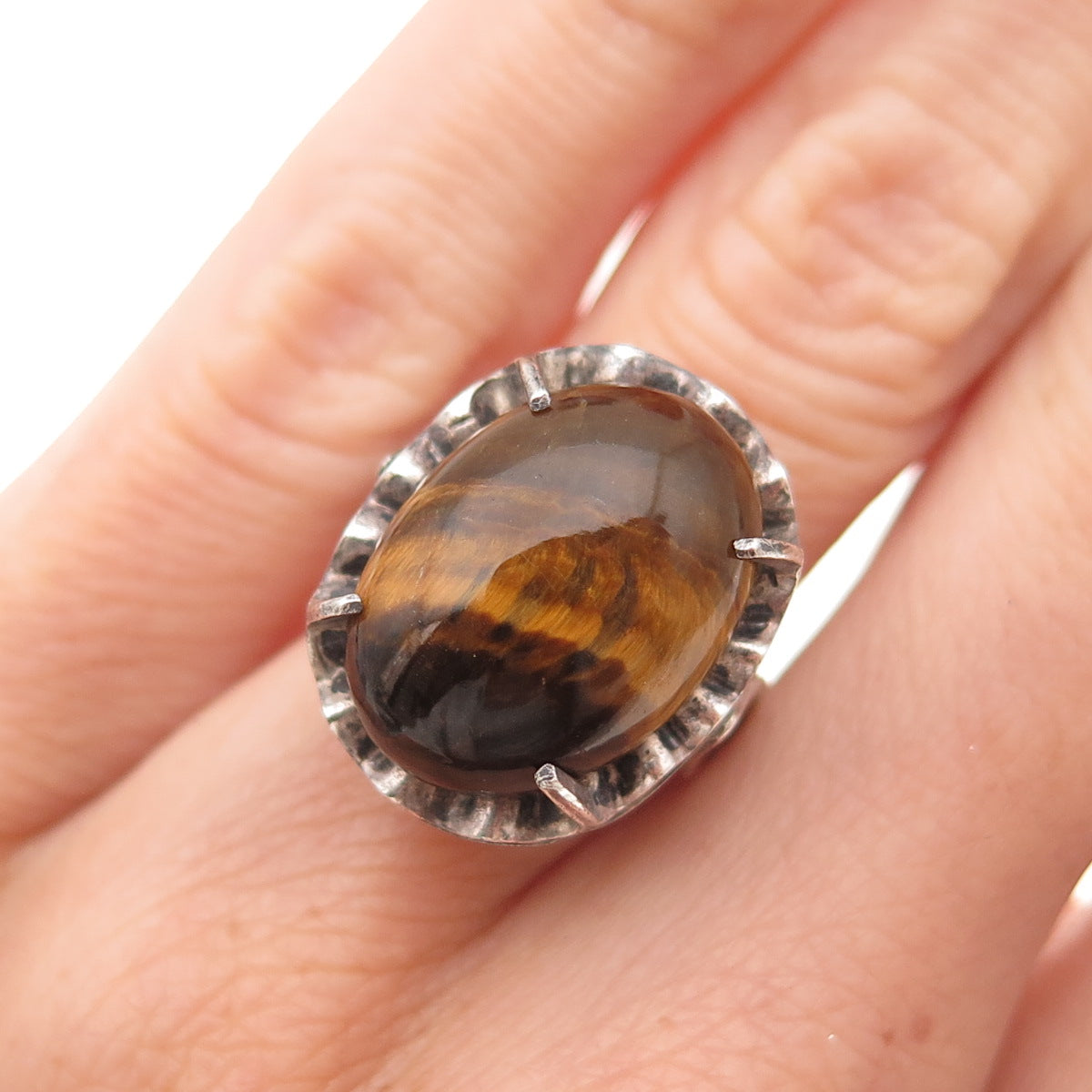 925 Sterling Silver Vintage Real Tiger Eye Modernist Oxidized Ring Size 6