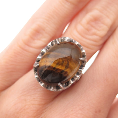925 Sterling Silver Vintage Real Tiger Eye Modernist Oxidized Ring Size 6