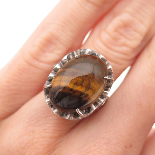 925 Sterling Silver Vintage Real Tiger Eye Modernist Oxidized Ring Size 6