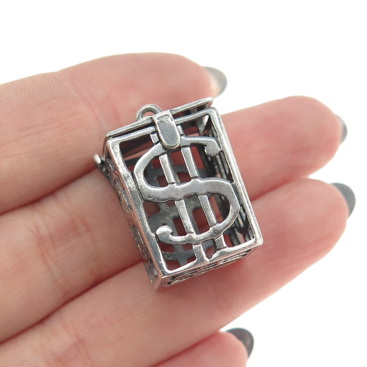 925 Sterling Silver Vintage Dollar Sign Box Locket 3D Pendant