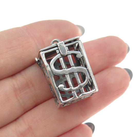 925 Sterling Silver Vintage Dollar Sign Box Locket 3D Pendant