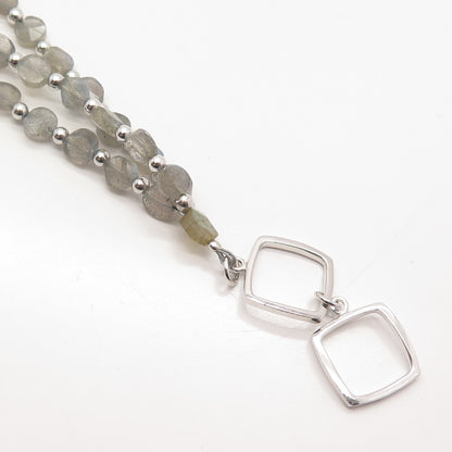 925 Sterling Silver Vintage Real Labradorite Gem 3-Row Bead Link Bracelet 7.75"