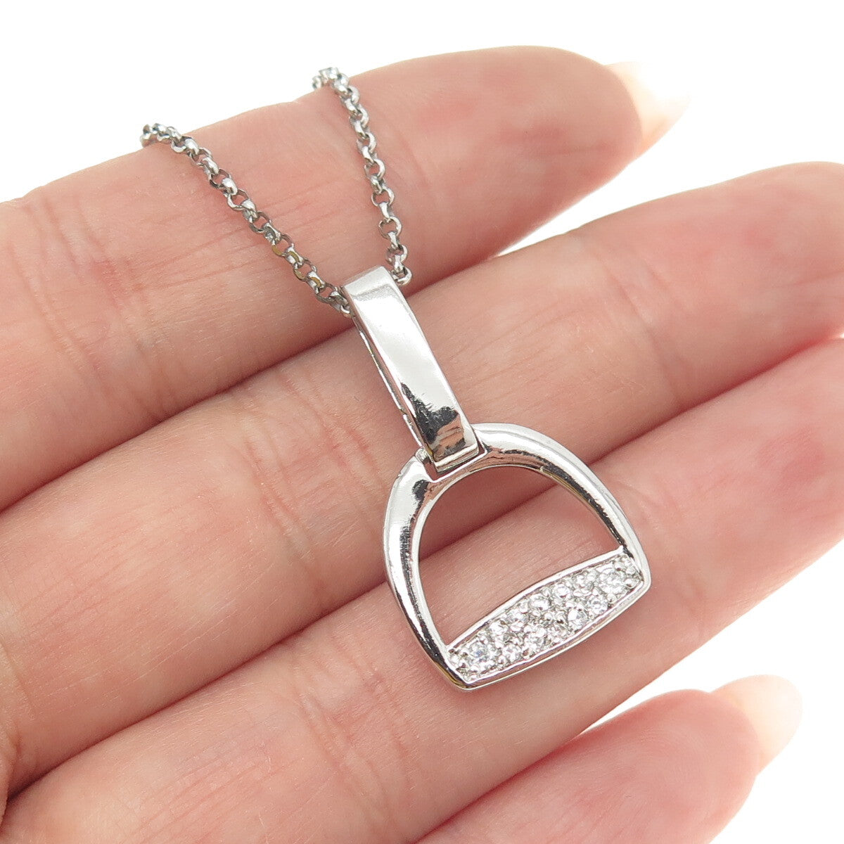 925 Sterling Silver Round-Cut C Z Stirrup Rolo Chain Necklace 16"