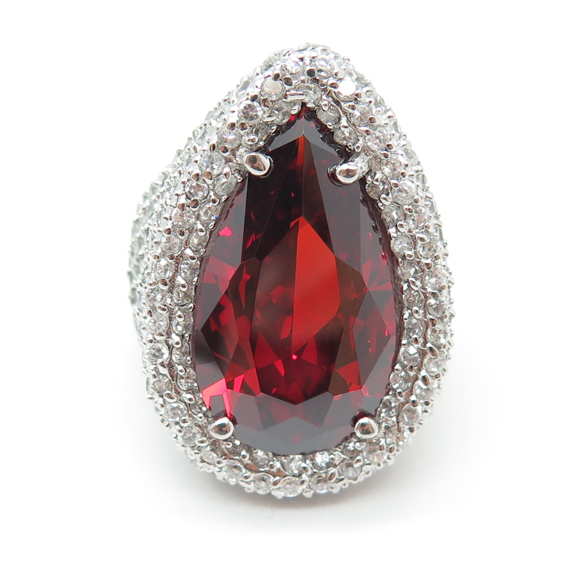 925 Sterling Silver Checkered Nano Garnet C Z Teardrop Statement Ring Size 7.25