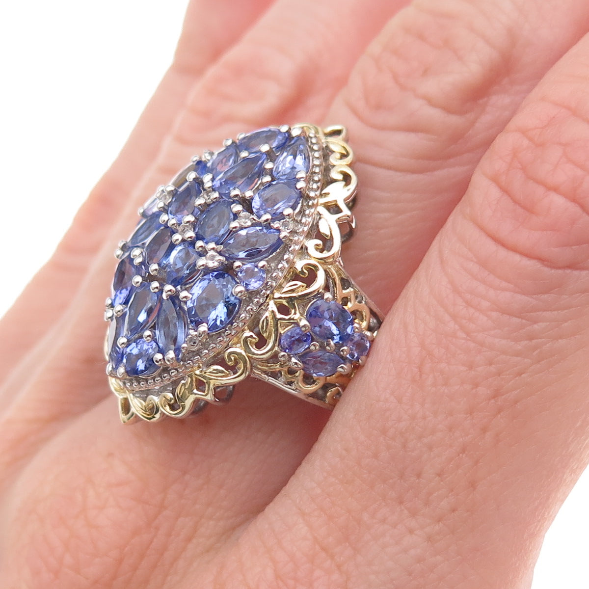 Chuck Clemency 925 Sterling Silver 2-Tone Real Tanzanite White Topaz Ring Size 8