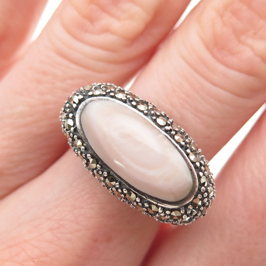 925 Sterling Silver Vintage Real MOP & Marcasite Oxidized Ring Size 7.75