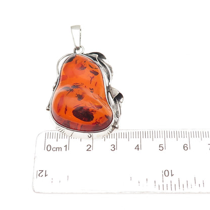 925 Sterling Silver Vintage Real Amber Modernist Floral Oxidized Pendant