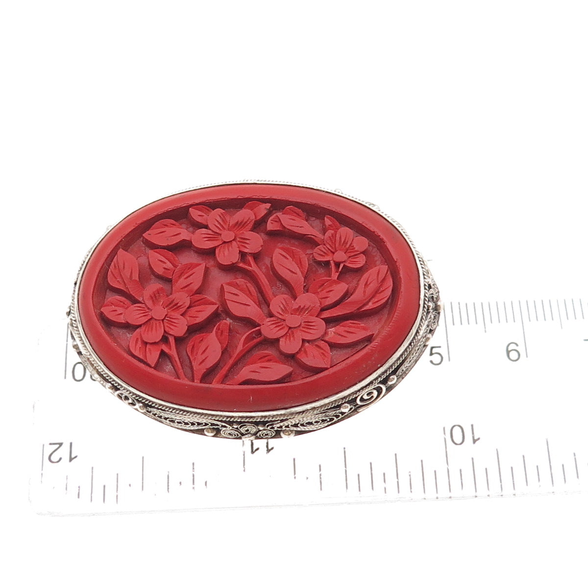 925 Sterling Antique China Export Cinnabar Floral Pin Brooch (missing lock hook)