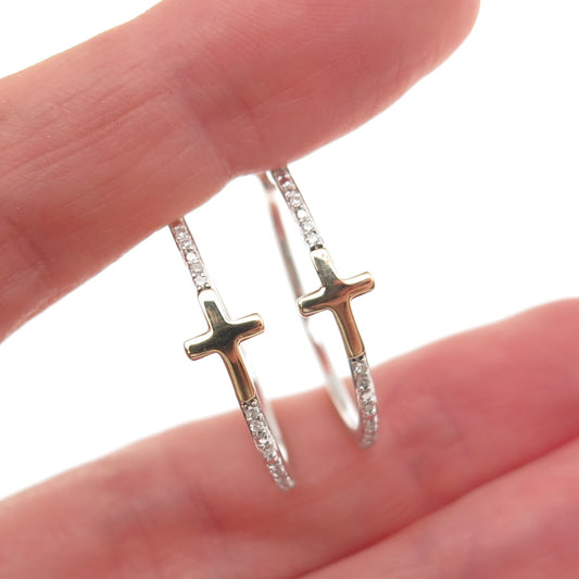 Sun 925 Sterling Silver 10K Gold Real Diamond Cross Hoop Earrings