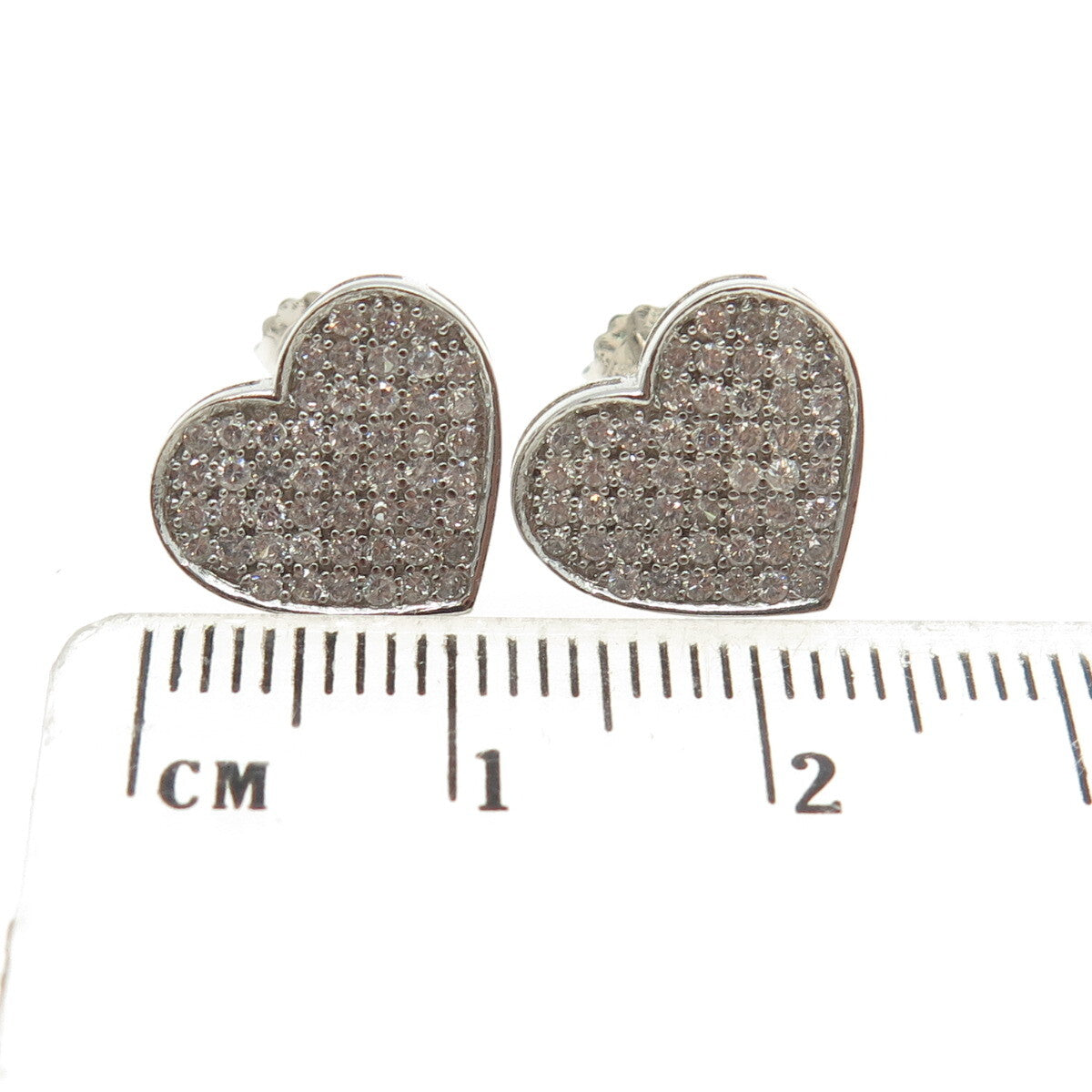 925 Sterling Silver Round-Cut C Z Heart Stud Earrings