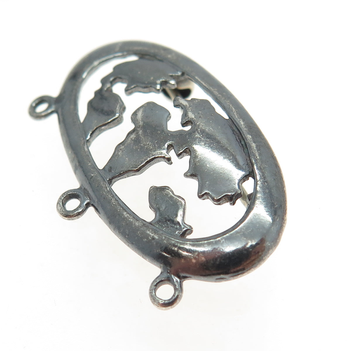 SHUBE 925 Sterling Silver Vintage World Map Oxidized Charm Pin Brooch