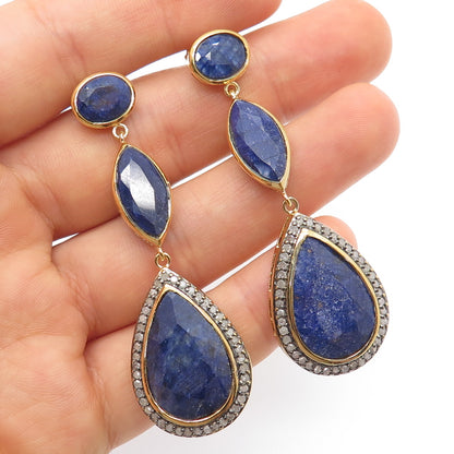 925 Sterling Silver Gold Plated Real Diamond & Sapphire Teardrop Dangle Earrings