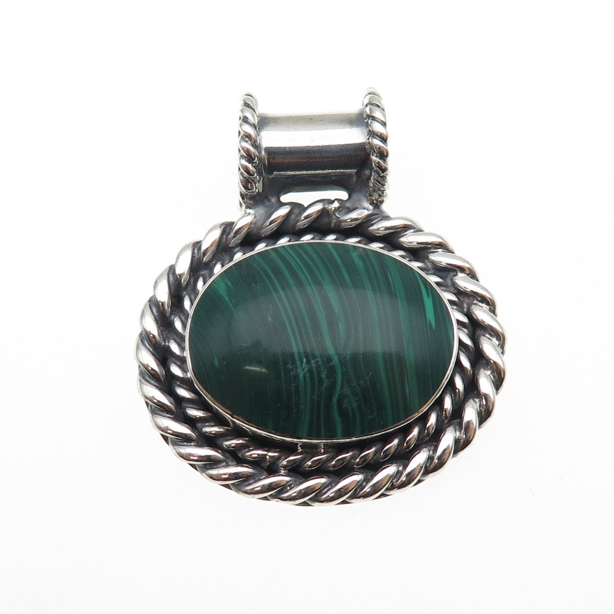 925 Sterling Silver Vintage Mexico Real Malachite Oxidized Slide Pendant