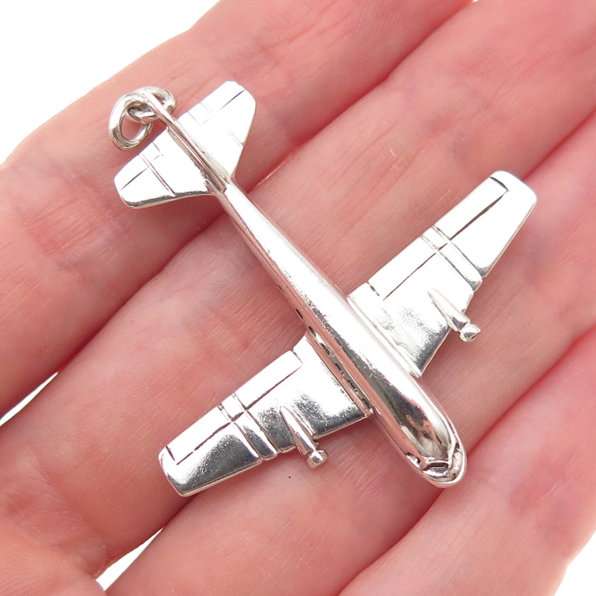 925 Sterling Silver Vintage Airplane Oxidized 3D Charm Pendant