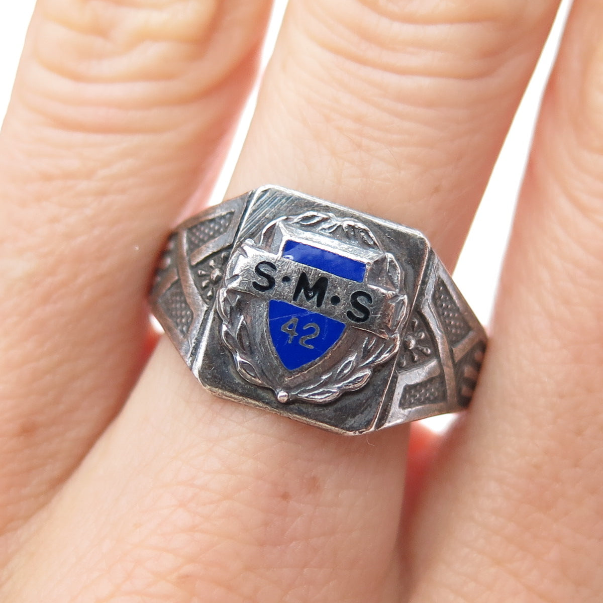 925 Sterling Silver Antique 1942 Enamel SMS College Oxidized Ring Size 10.75