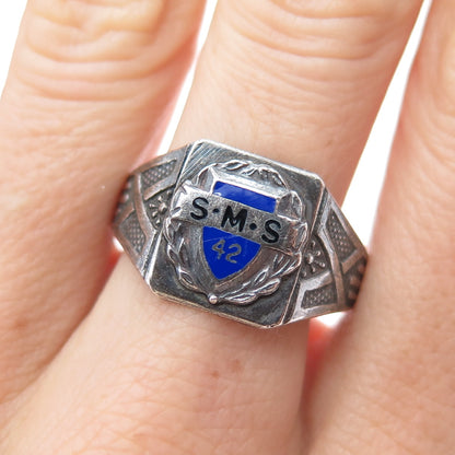925 Sterling Silver Antique 1942 Enamel SMS College Oxidized Ring Size 10.75