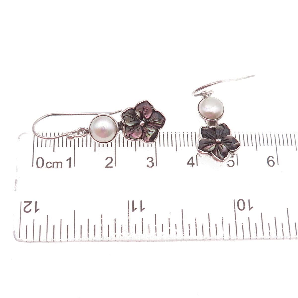 925 Sterling Silver Vintage Real Pearl & Abalone Shell Floral Dangle Earrings