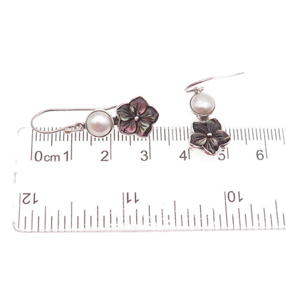 925 Sterling Silver Vintage Real Pearl & Abalone Shell Floral Dangle Earrings