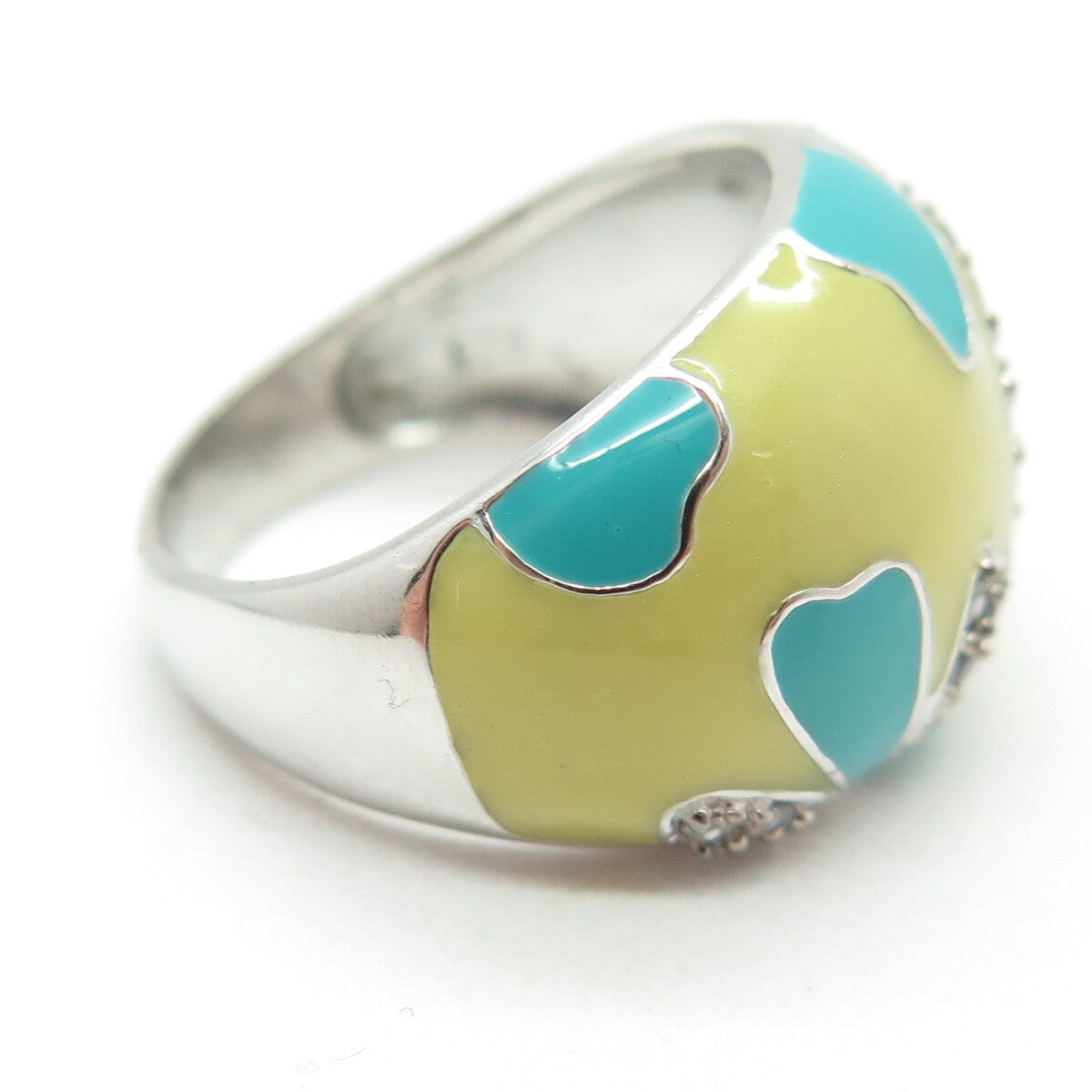 925 Sterling Silver Yellow & Blue Enamel Round-Cut C Z Floral Dome Ring Size 8