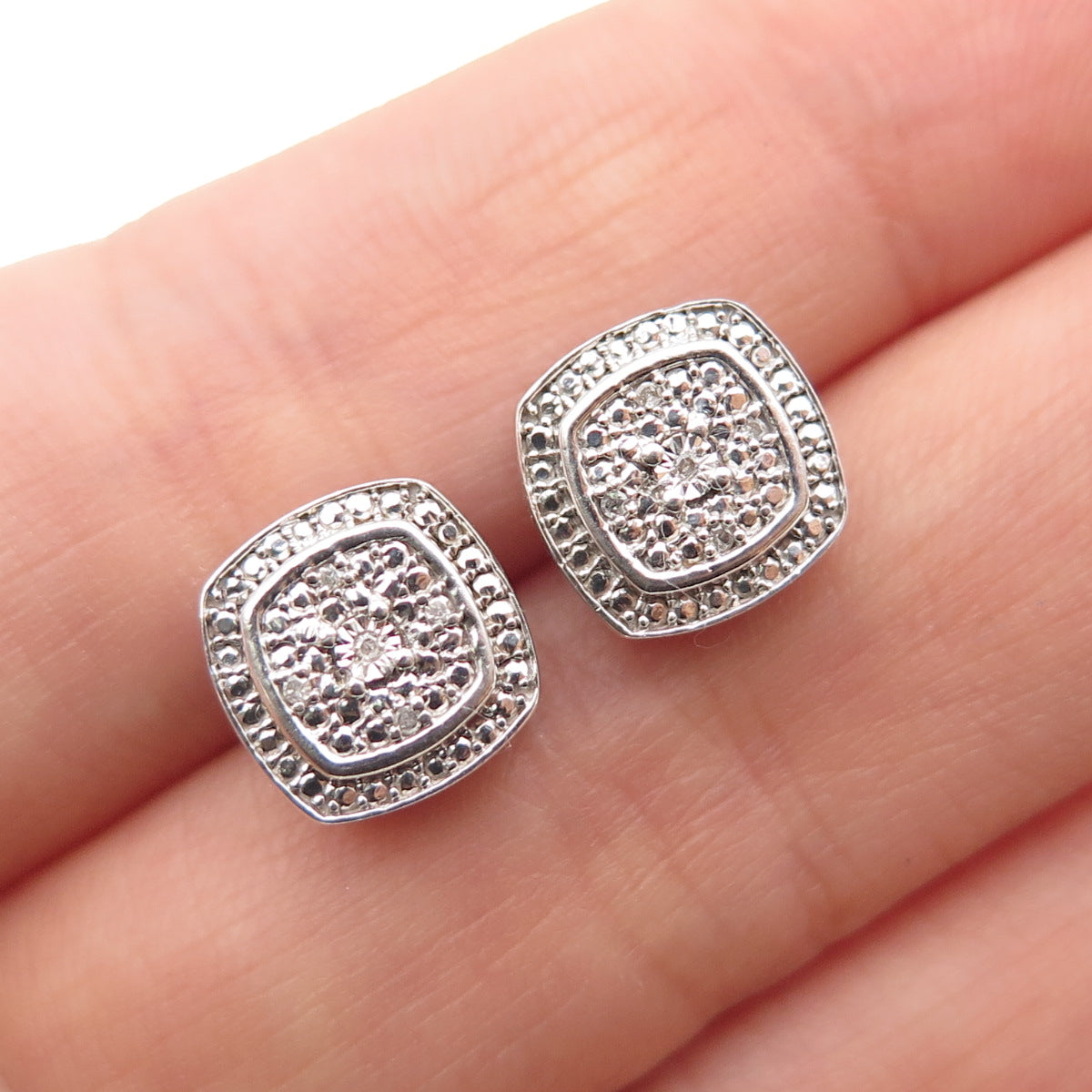 925 Sterling Silver Real Round-Cut Diamond Cushion Stud Earrings