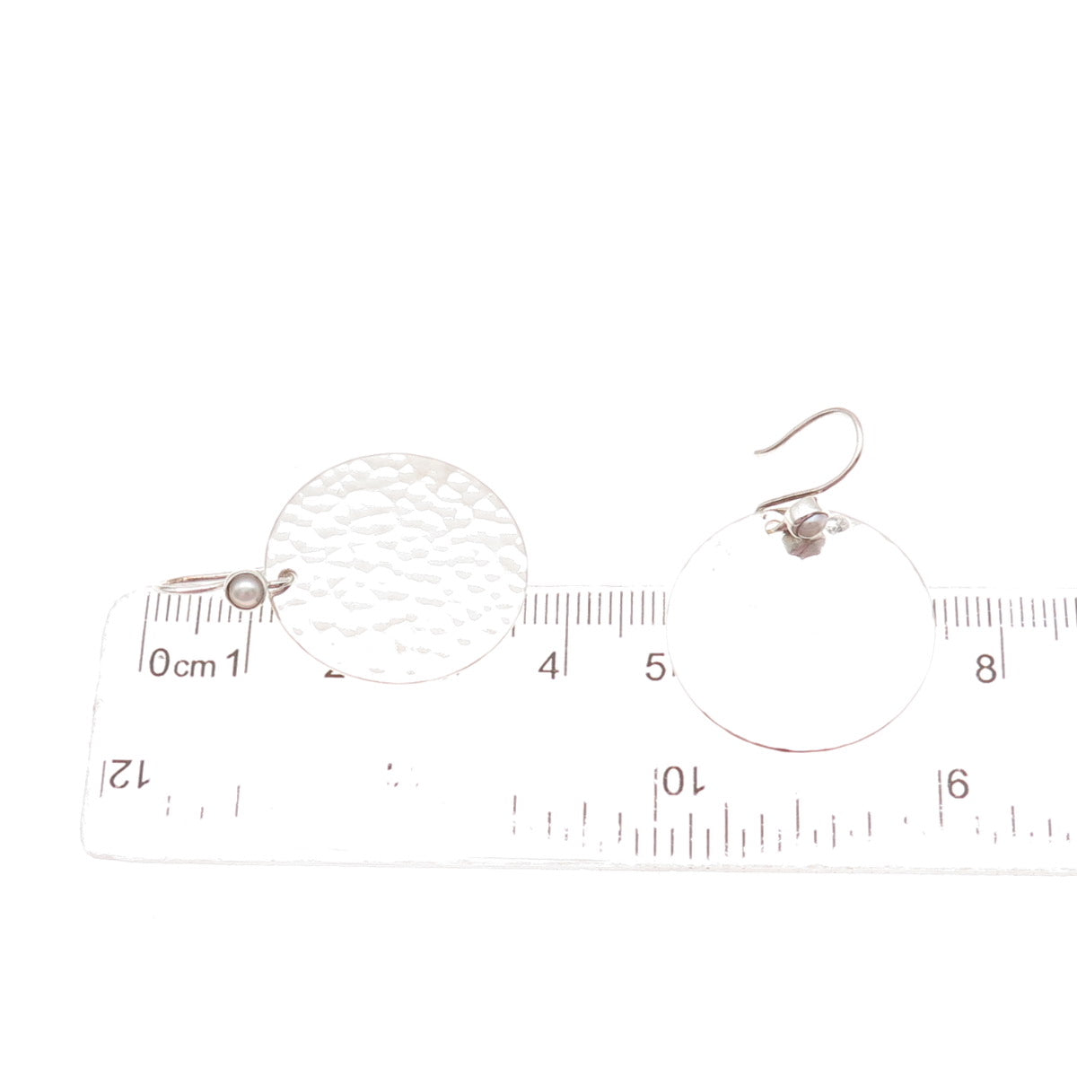 925 Sterling Silver Real Pearl Hammered Disc Dangle Earrings