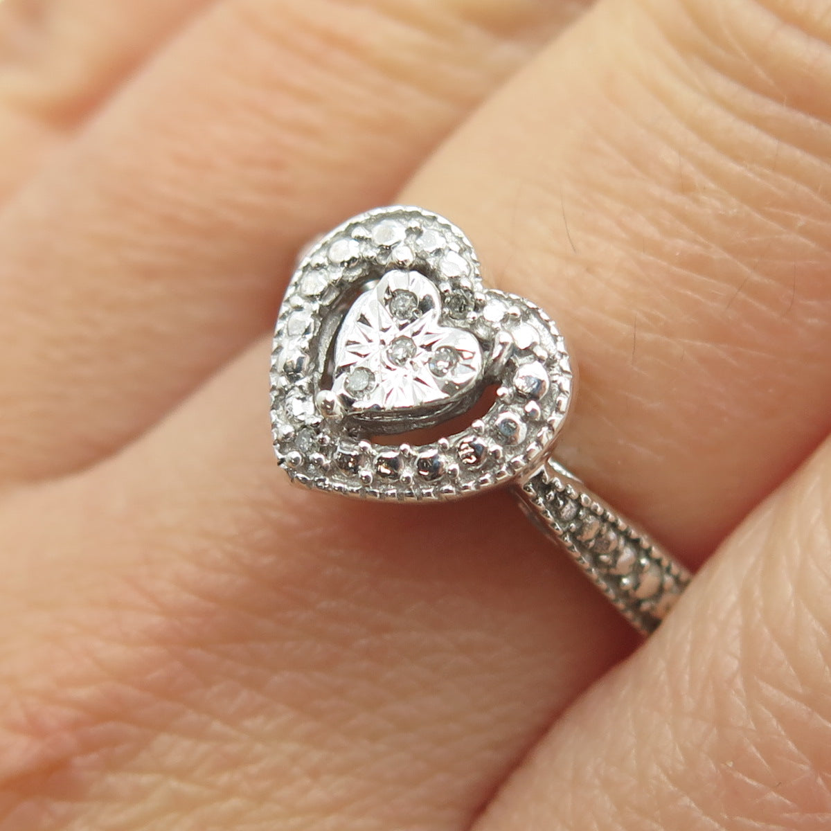 925 Sterling Silver Real Round-Cut Diamond Heart Ring Size 7