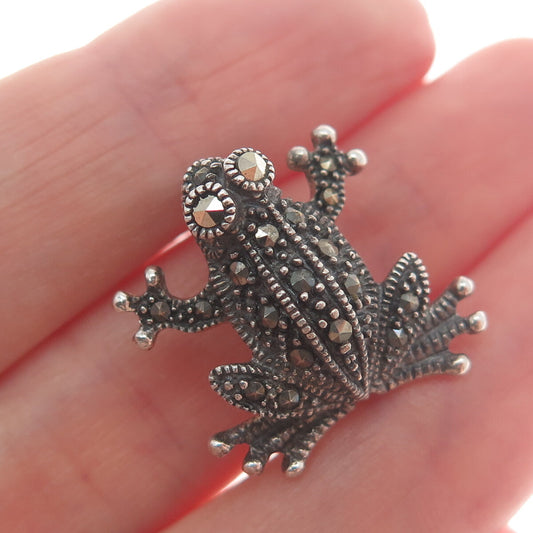 925 Sterling Silver Vintage Marcasite Gem Frog for Good Luck Oxidized Pin Brooch