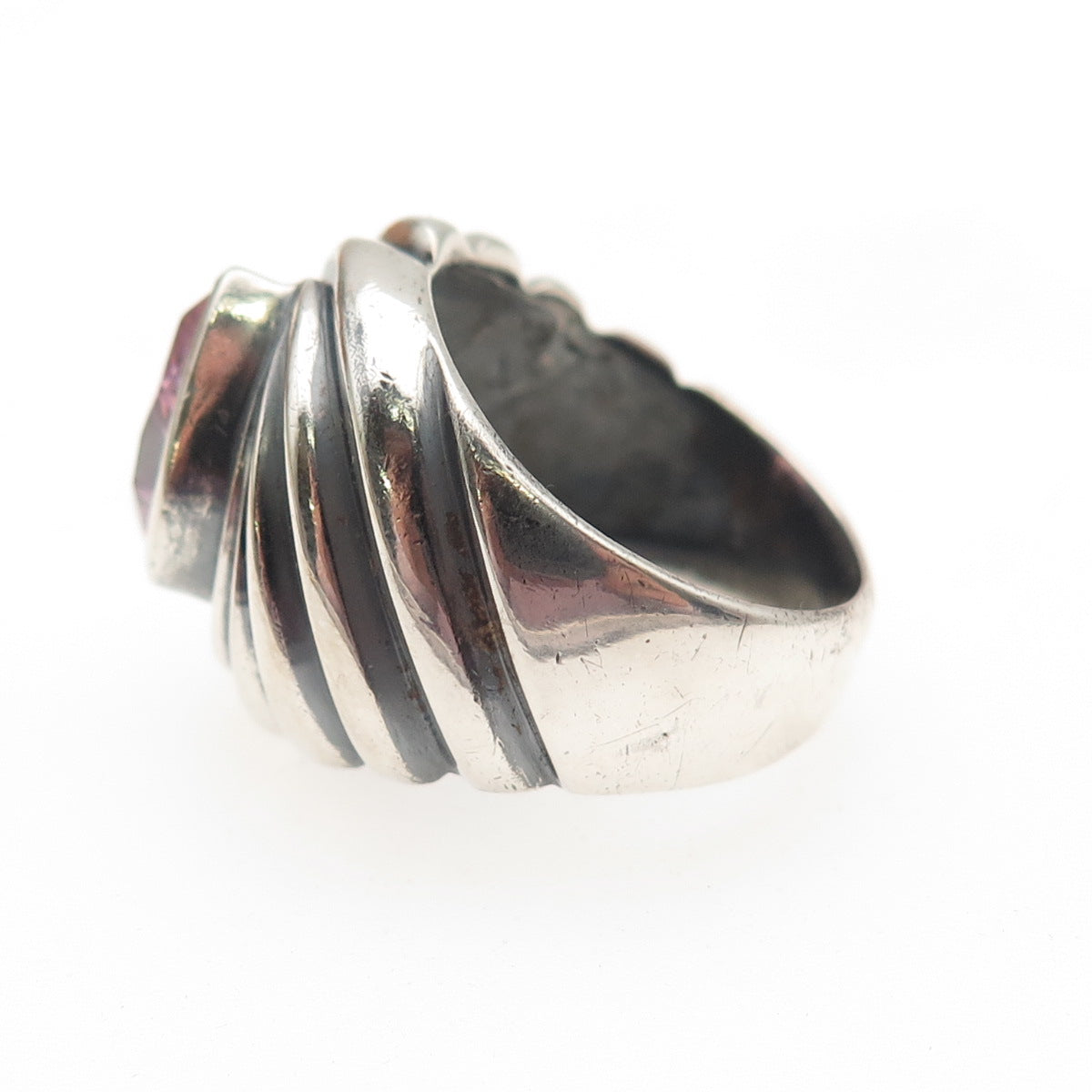 925 Sterling Silver Vintage Pear-Cut Pink C Z Modernist Oxidized Ring Size 6.5