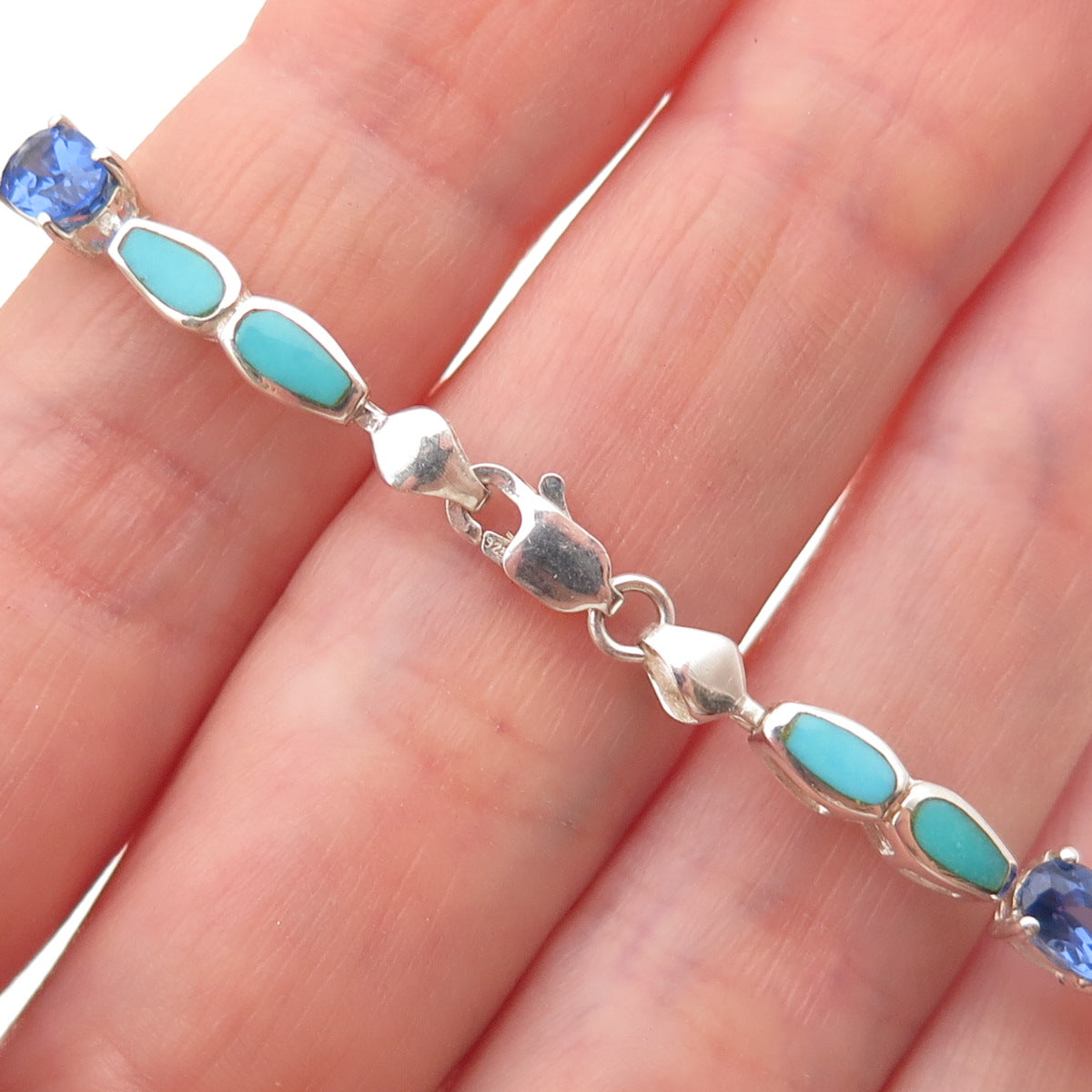 925 Sterling Silver Vintage Real Turquoise & Tanzanite Bracelet 7"