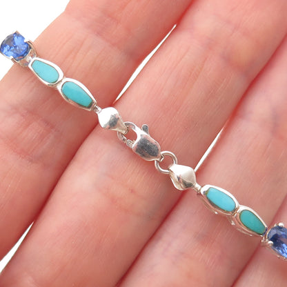 925 Sterling Silver Vintage Real Turquoise & Tanzanite Bracelet 7"