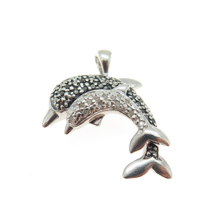 925 Sterling Silver Real Round-Cut Black & White Diamond Dolphin Pendant