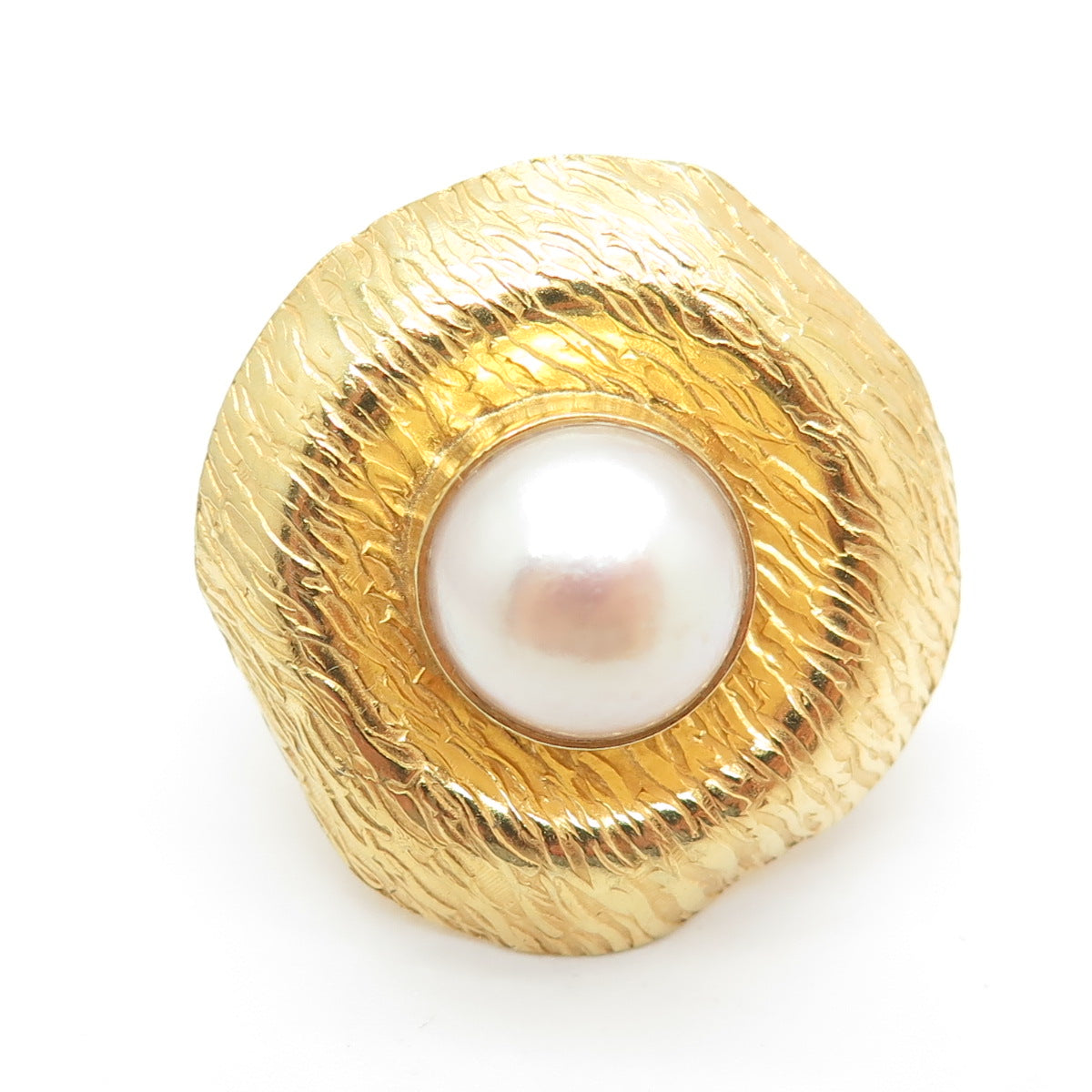 925 Sterling Silver Gold Plated Vintage Real Pearl Modernist Ring Size 6.5