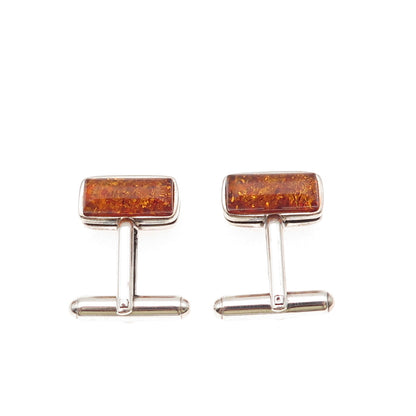 925 Sterling Silver Vintage JV Poland Real Amber Modernist Cufflinks