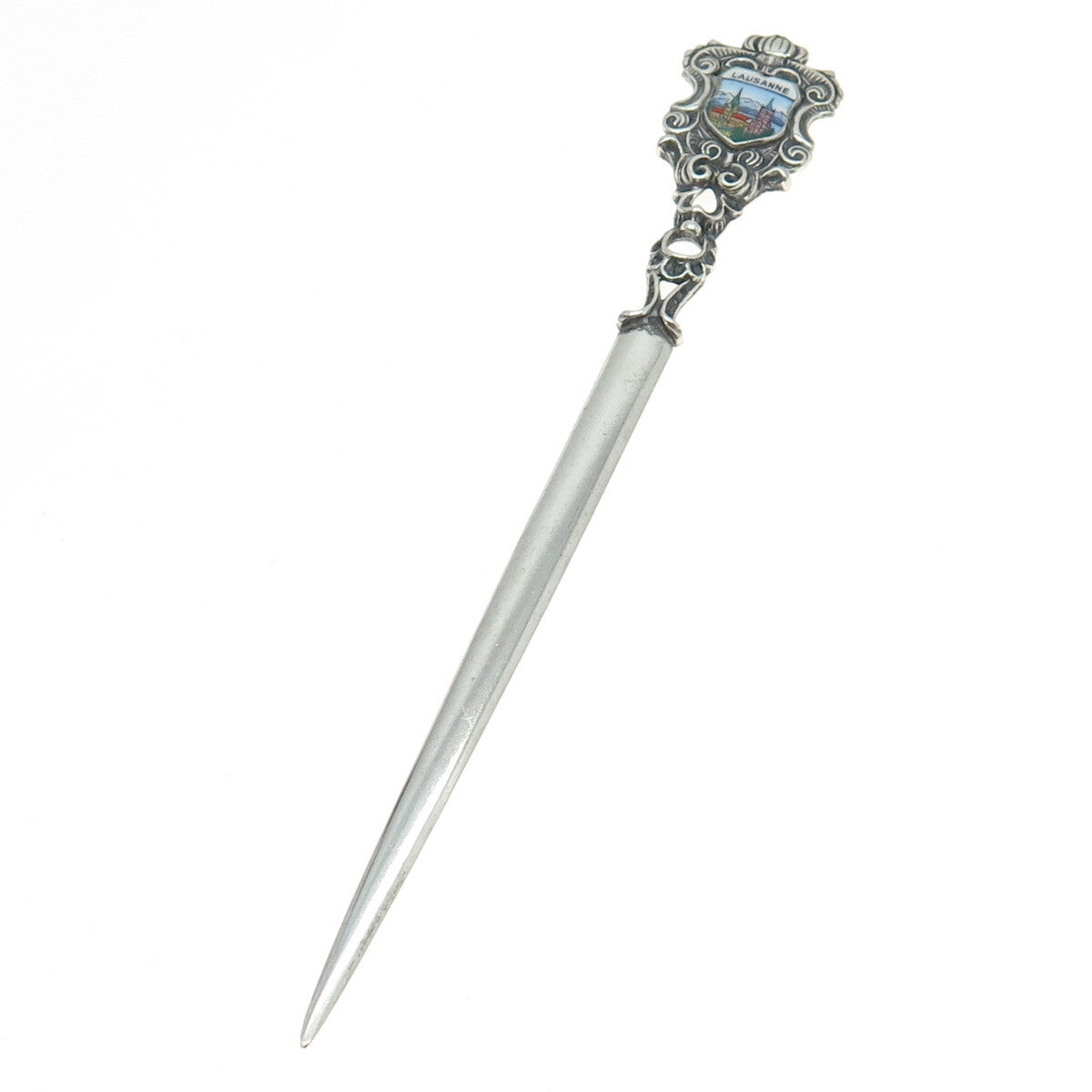 800 Silver Antique Art Deco Enamel Lausanne States & Cities Letter Opener