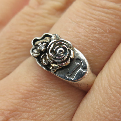 KEEPSAKE Sterling Silver Vintage Real Diamond Rose Flower Oxidized Ring Size 7.5