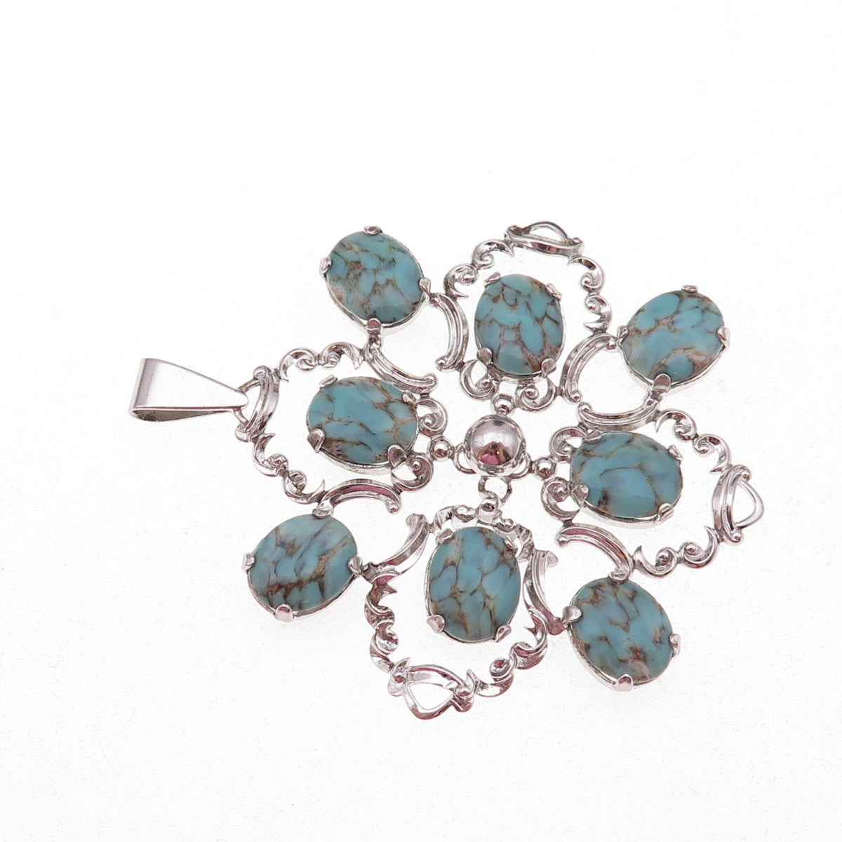 Van Dell 925 Sterling Silver Antique Art Deco Faux Turquoise Floral Pendant