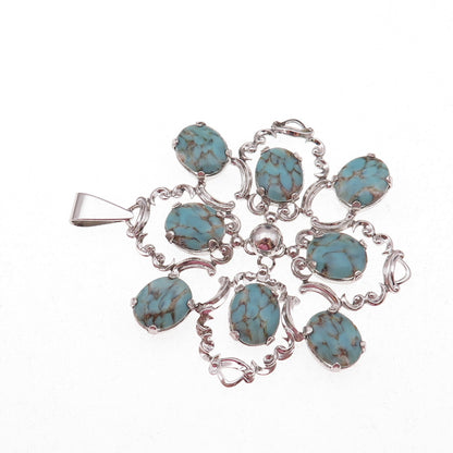 Van Dell 925 Sterling Silver Antique Art Deco Faux Turquoise Floral Pendant