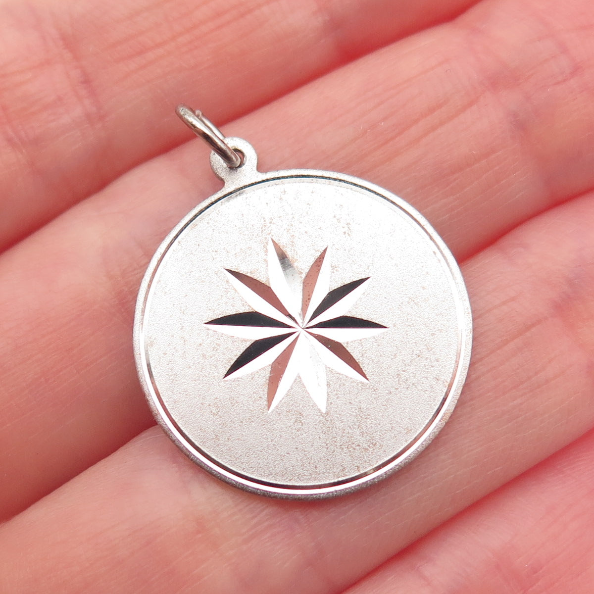 925 Sterling Silver Vintage Diamond-Cut Floral Round Tag Charm Pendant