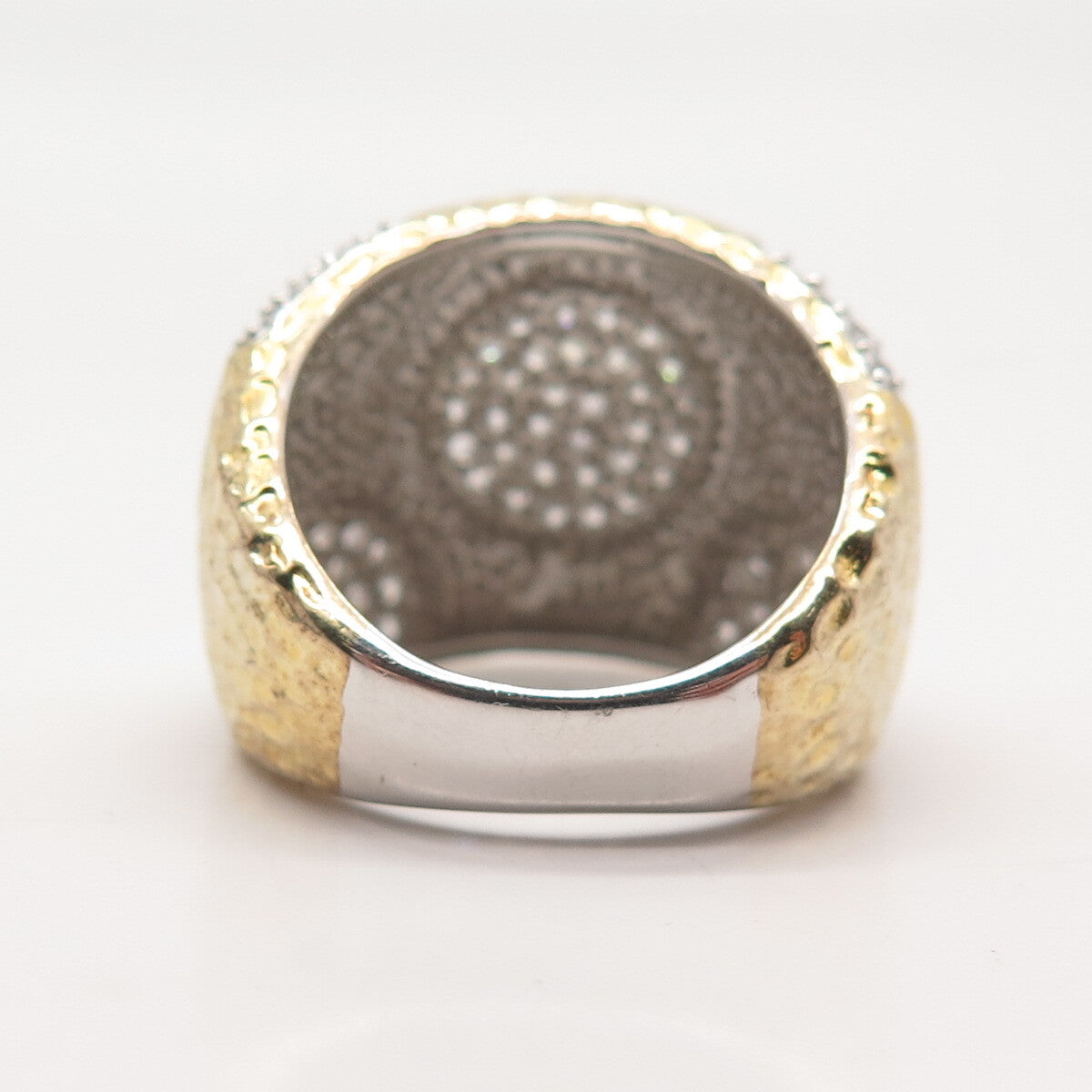 925 Sterling Silver Gold Plated Pave C Z Hammered Finish Wide Ring Size 8.25
